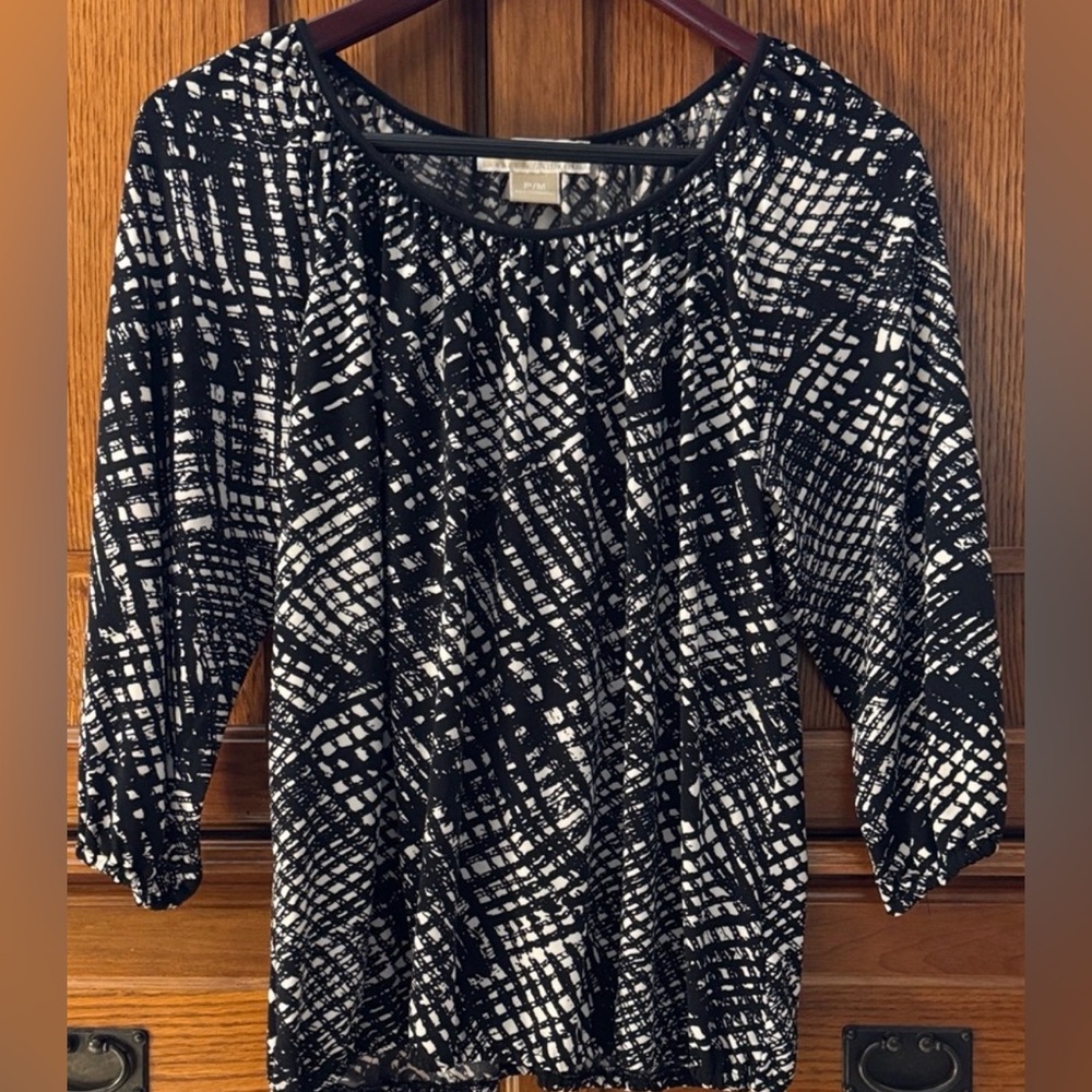 MICHAEL Michael Kors Abstract Top 3/4 Sleeve Elastic Waist Band Blouson Career
